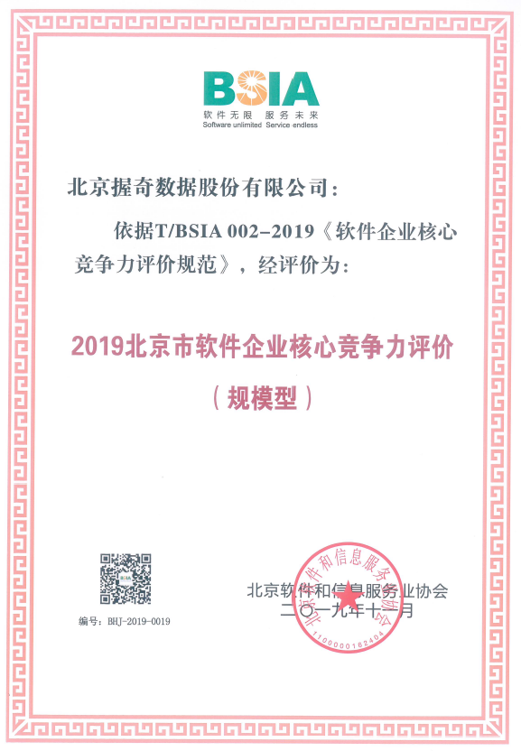 握奇榮登2019“北京軟件和信息服務業綜合實力百強企業”及“北京市軟件企業核心競爭力評價”榜單